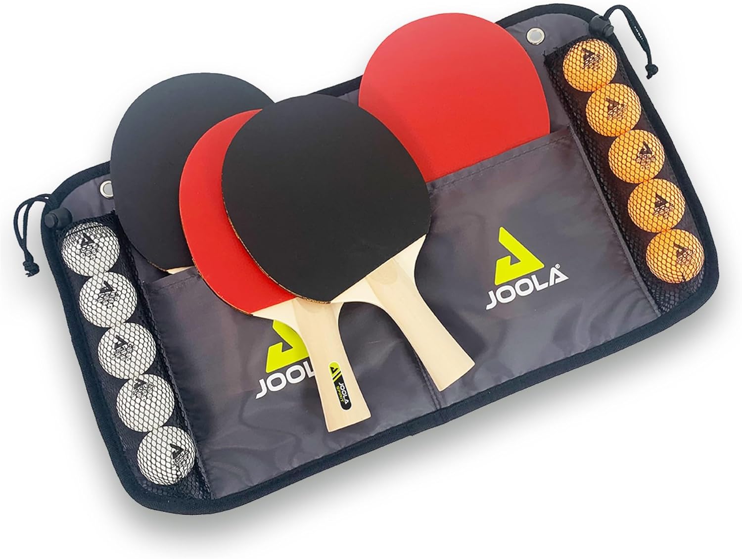 Set de tennis de table JOOLA Family avec 4 raquettes Spirit, 10 balles de ping-pong (blanches et oranges), étui de rangement inclus, bon plan Amazon à prix réduit