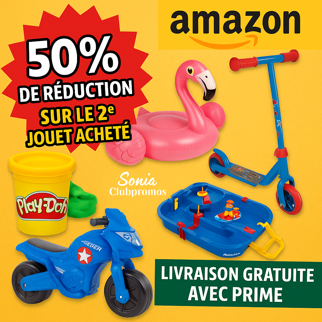 Promotion Amazon jouets enfants été 2025 – Offre 50 % sur le 2ᵉ article – sélection jeux d'extérieur, pâte à modeler, porteurs, circuits d’eau, bouées gonflables – Livraison gratuite avec Prime – Idéal pour anniversaires et vacances – bon plan Amazon à saisir