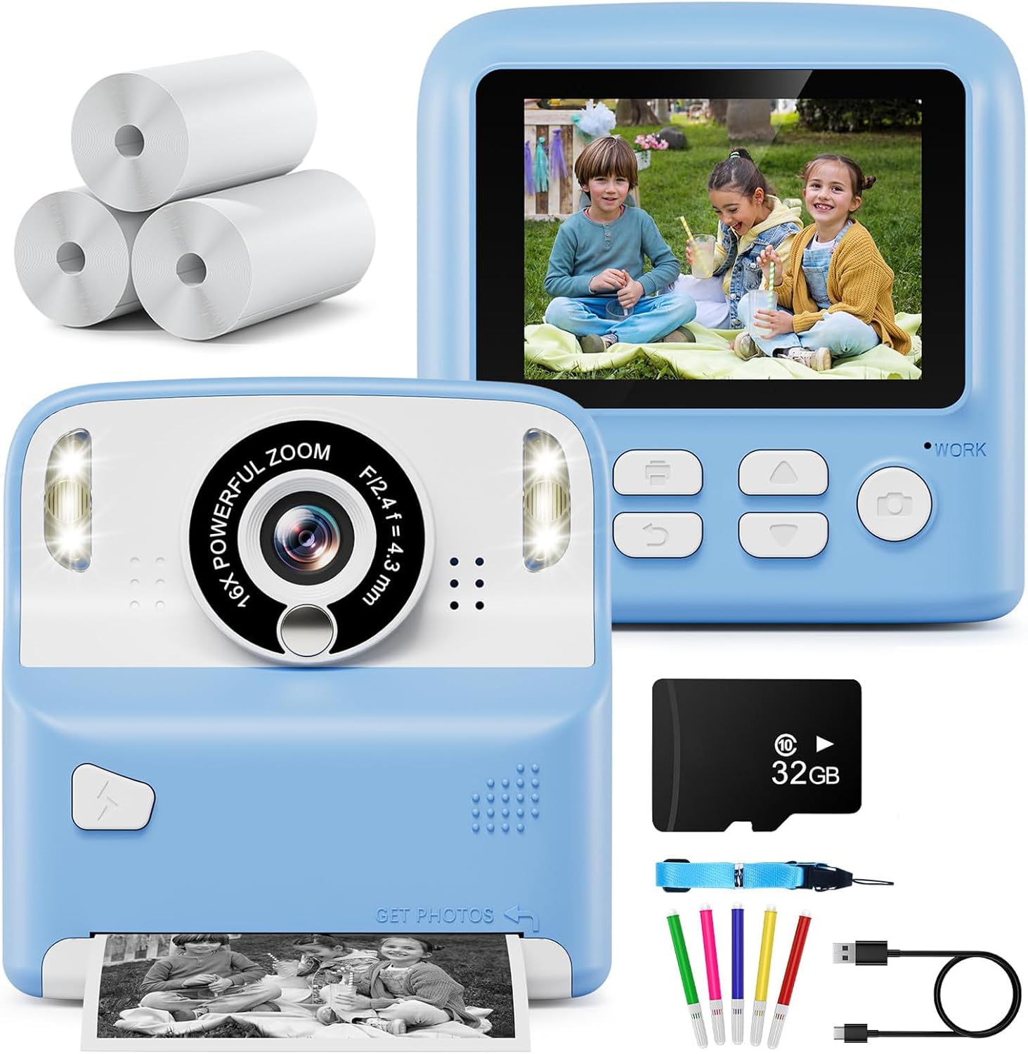 Appareil photo instantané Kaishengyuan pour enfants 1080 P avec écran 2,4, impression thermique sans encre, carte 32 Go, papiers inclus, stylos et autocollants, cadeau créatif filles/garçons 3-12 ans