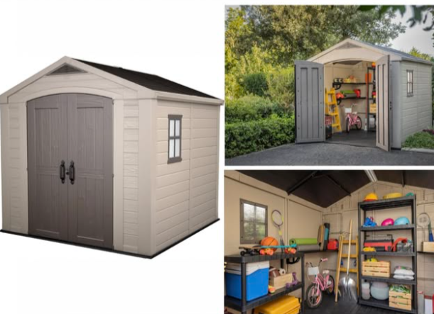 Abri de jardin KETER FACTOR 88 beige et marron 6,3 m², dimensions 257 x 255 x 243 cm, plancher inclus, double porte verrouillable, fenêtre, lucarne, ventilation, renforts métalliques, bon plan Amazon à 899,99€ au lieu de 1199€.