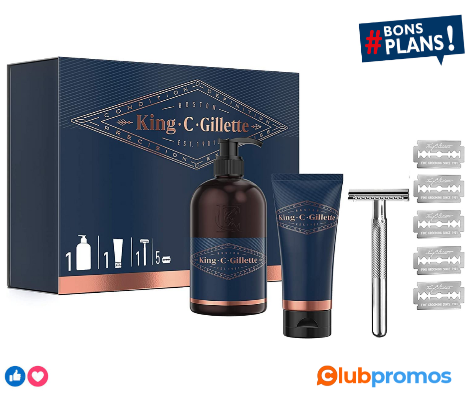King C. Gillette Coffret Gamme Rasoir de Sûreté + Lames + Gel à Raser Transparent + Nettoyant ...png