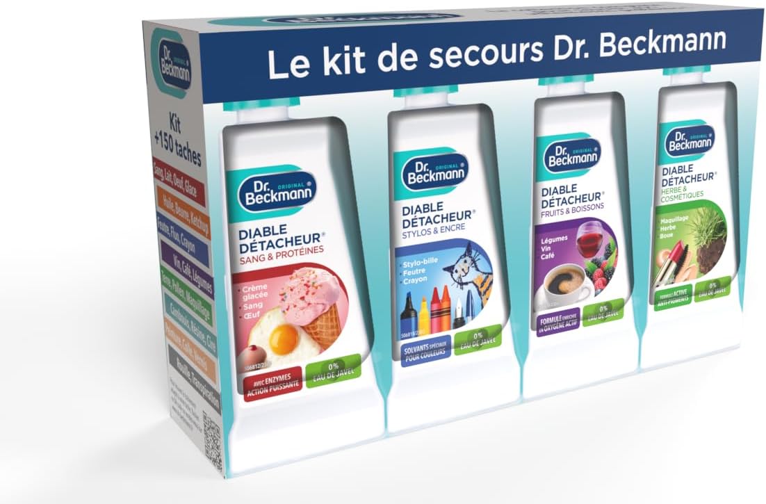 Bon plan Amazon – Kit de secours Dr. Beckmann avec 8 détachants textiles spécifiques, contre les taches de ketchup, chocolat, graisse – produit nettoyant sans javel, en flacons recyclables