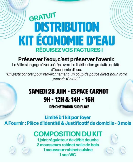 Kit d'économie d'eau offert par la mairie de La Bassée contenant réducteurs de débit et stop-douche avec notice d'installation