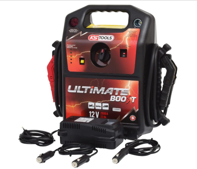 Booster batterie voiture KS Tools 550.1810 12V 2500A avec protection électronique, câbles renforcés isolés 1000V et pinces industrielles en laiton, proposé en erreur de prix Amazon à 18,59€.