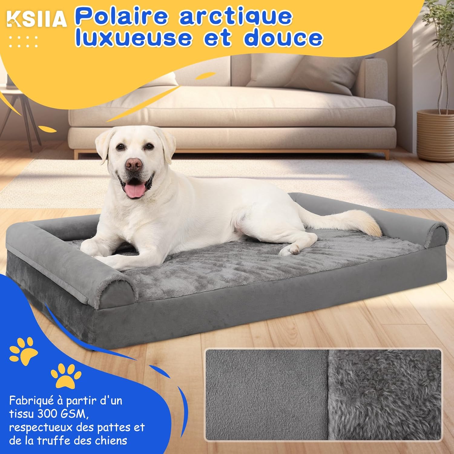 Panier pour chien XXL KSIIA 121×76×18 cm, orthopédique en mousse à rebond, 3 bords surélevés, housse déhoussable & lavable, fond antidérapant, coloris gris, couchage confortable pour grands chiens et seniors.