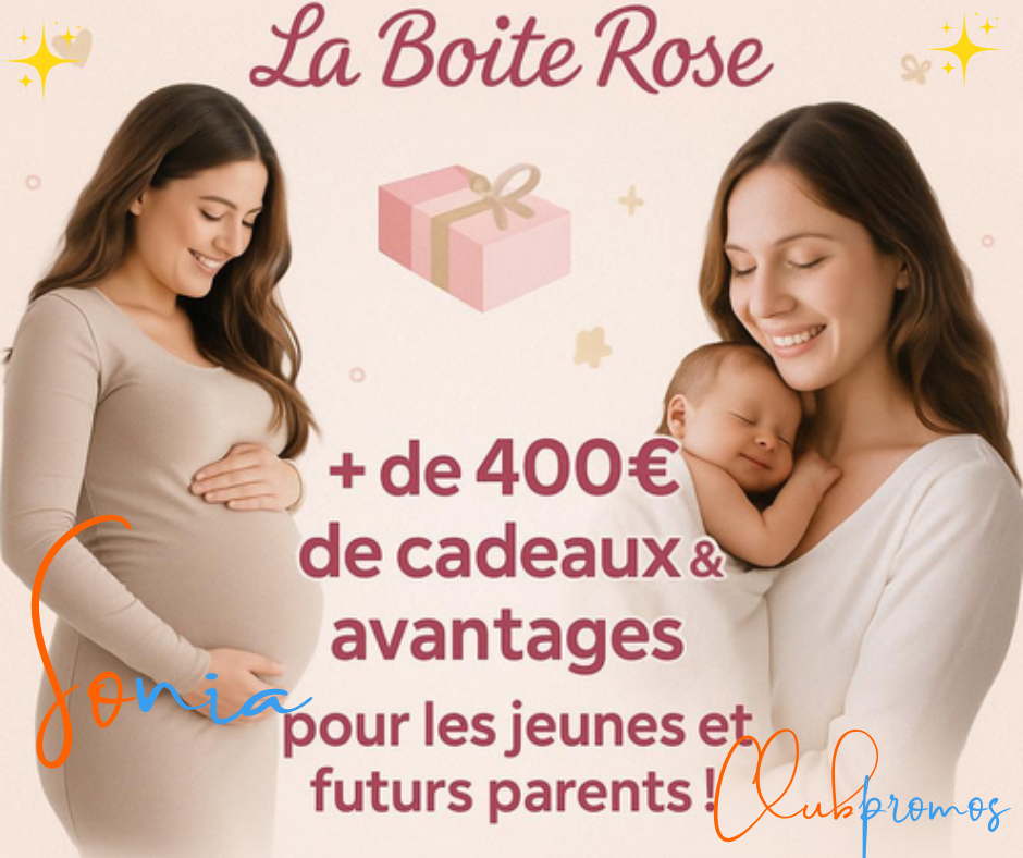 Offre gratuite La Boîte Rose : + de 400€ en cadeaux et avantages exclusifs pour jeunes parents et femmes enceintes. Coffrets cadeaux, échantillons et conseils gratuits inclus
