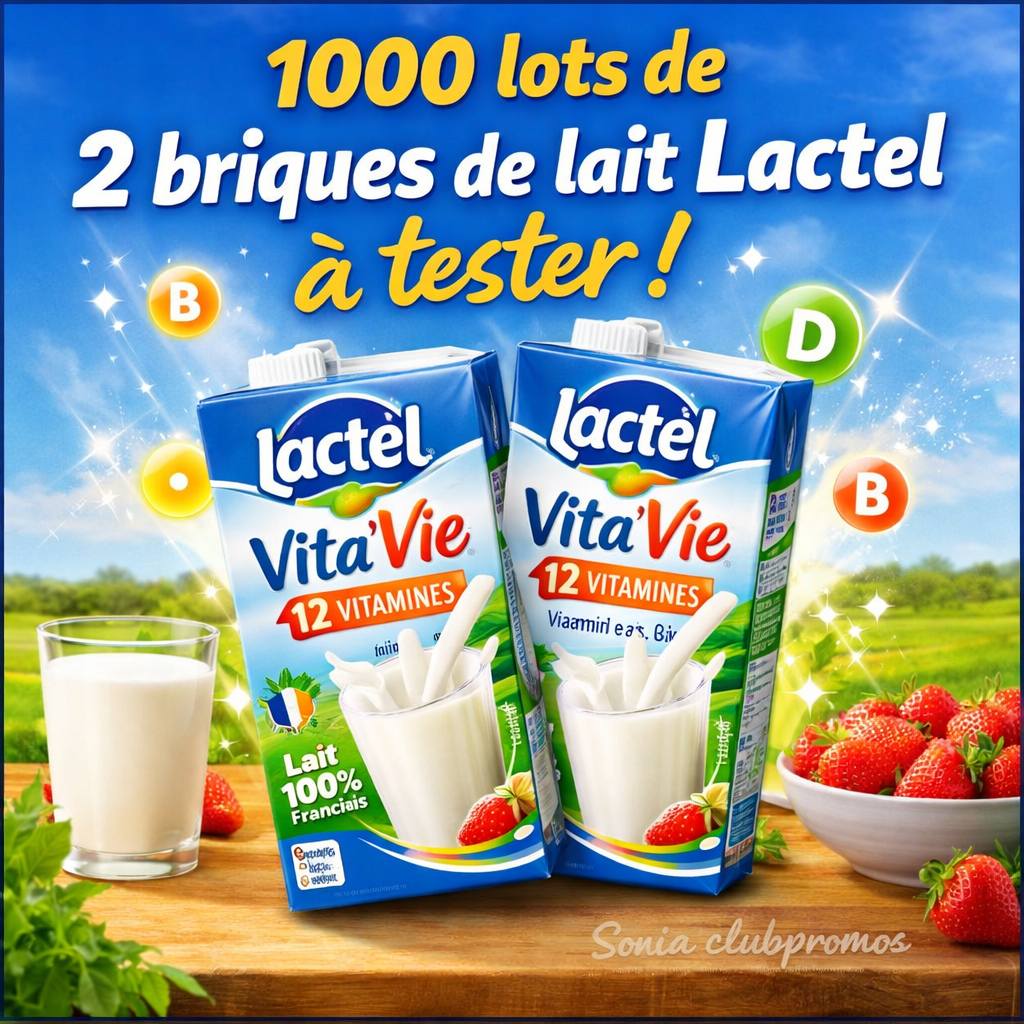 1000 lots de 2 briques de lait Lactel Vita’Vie offerts via trnd : candidature au projet test de 4 semaines, lait UHT 100% français enrichi en 12 vitamines, adapté à toute la famille dès 3 ans.