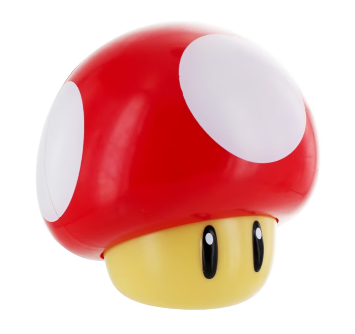 Lampe champignon Super Mario avec son de montée de niveau, design emblématique, lumière LED rouge douce, accessoires de décoration pour chambre ou bureau, sous licence officielle.