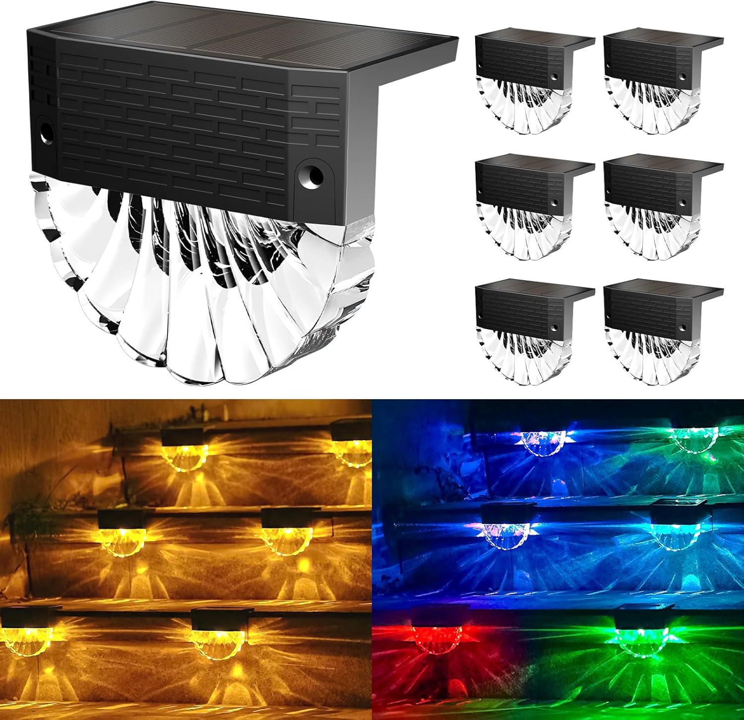 Lot de 6 lampes solaires extérieures RGB et blanc chaud FIFlying, étanches IP65, recharge solaire rapide, installation murale facile, parfaites pour balcons, terrasses, escaliers et clôtures