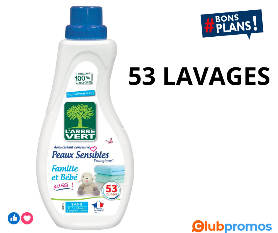 L'arbre vert Adoucissant Linge Peaux Sensibles FamilleBébé Aussi 53 Lavages 800 ml .png