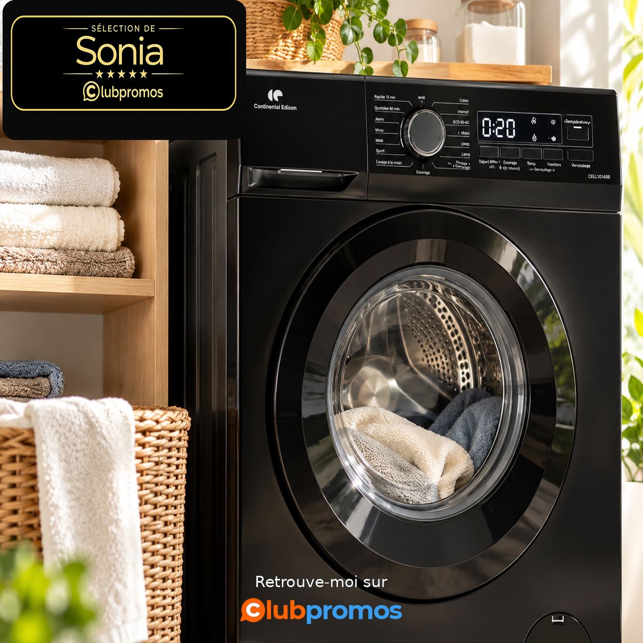 Lave-linge hublot Continental Edison CELL10140IBP noir mat de 10 kg, classe énergétique A et moteur à induction.
