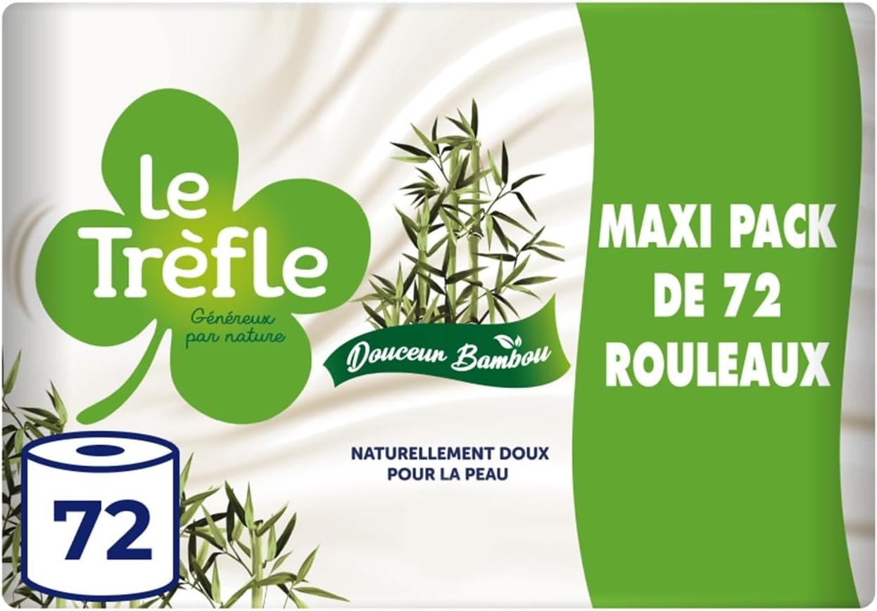 Papier toilette Le Trèfle Douceur Bambou - 72 rouleaux, triple épaisseur, 10 % bambou, idéal peaux sensibles, respectueux de l’environnement, 130 feuilles par rouleau
