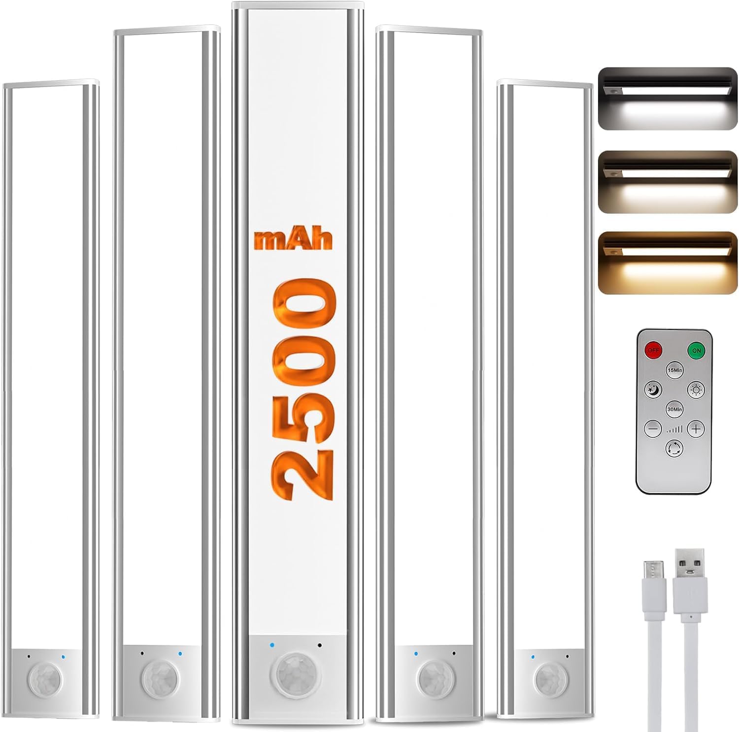  Lot de 5 barres LED 20 cm avec détecteur de mouvement, télécommande, USB-C, 2500 mAh, 3000–6000 K, dos magnétique et plaques adhésives, idéal placard, cuisine, escalier.
