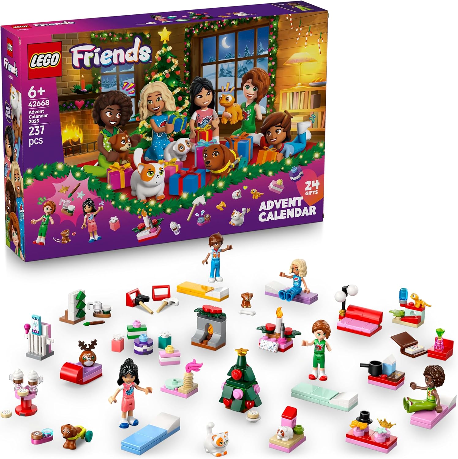 Calendrier de l’Avent LEGO Friends 42668 avec 24 surprises à construire, 5 mini-poupées, 5 animaux et accessoires de soirée pyjama festive.