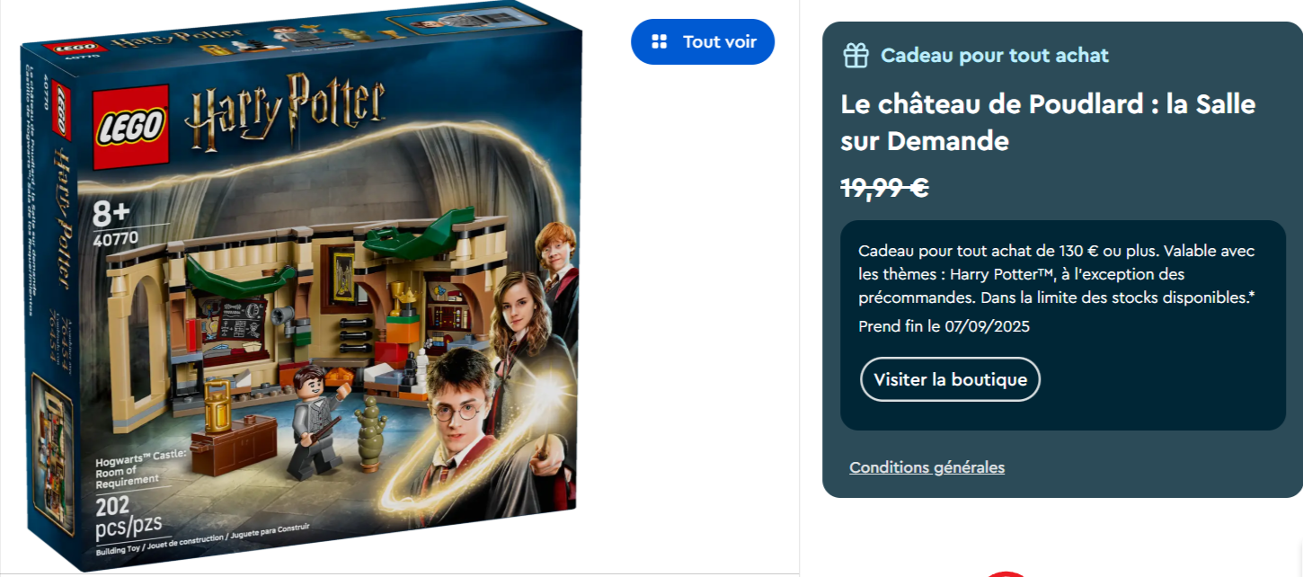 Promo LEGO Harry Potter : set 40770 La Salle sur Demande offert dès 130€ d’achats HP + polybag La leçon de Quidditch, compatible avec la Tour principale 76454. 