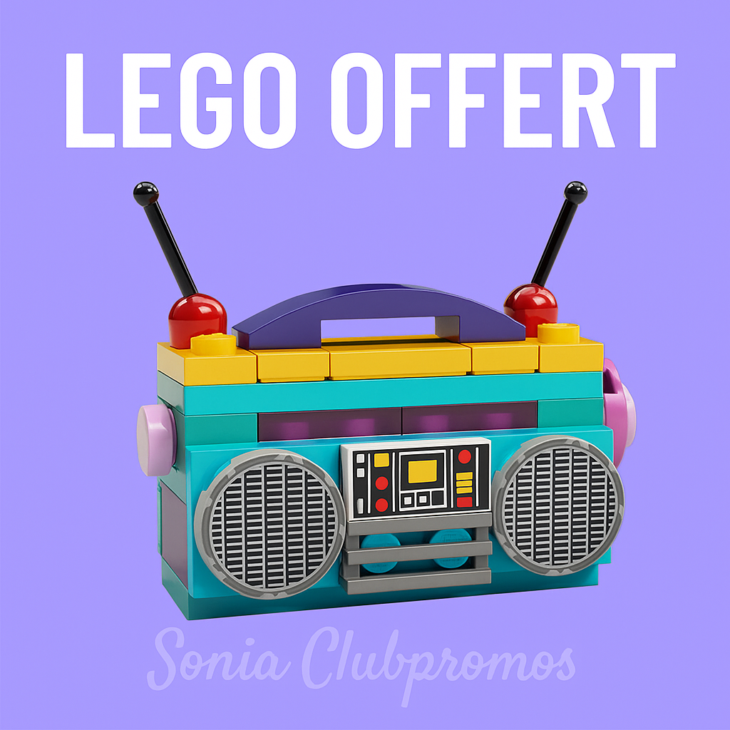 Radiocassette LEGO colorée à construire gratuitement les 5 et 6 juillet 2025 dans les LEGO Stores participants – bon plan LEGO exclusif pour enfants, événement limité, visuel signé Sonia Clubpromos