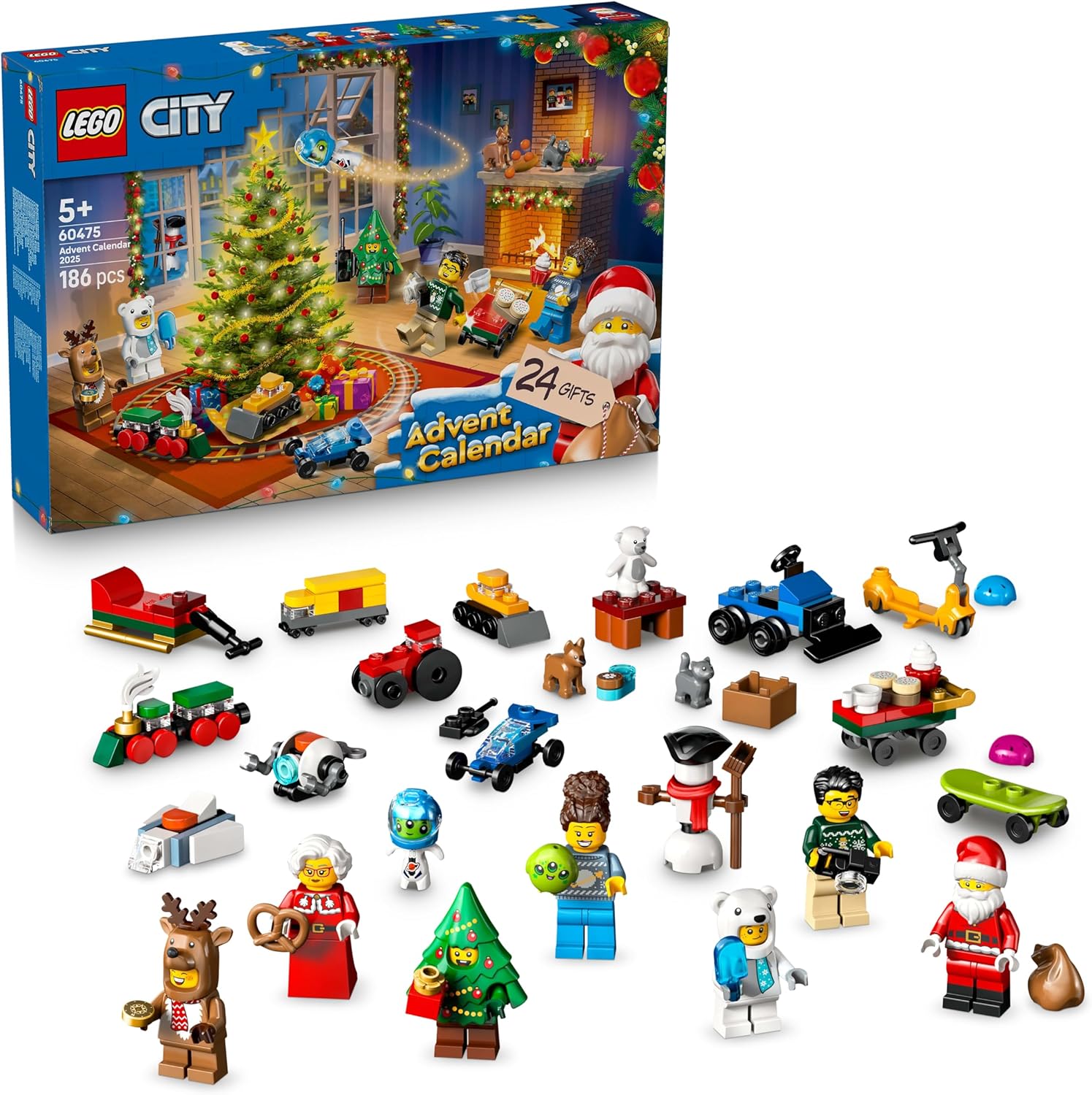LEGO City Calendrier de l’Avent 2025 pour enfants dès 5 ans, 24 surprises, 7 figurines (Père Noël, Mère Noël, ours polaire, renne, sapin), tapis de jeu, 186 pièces.