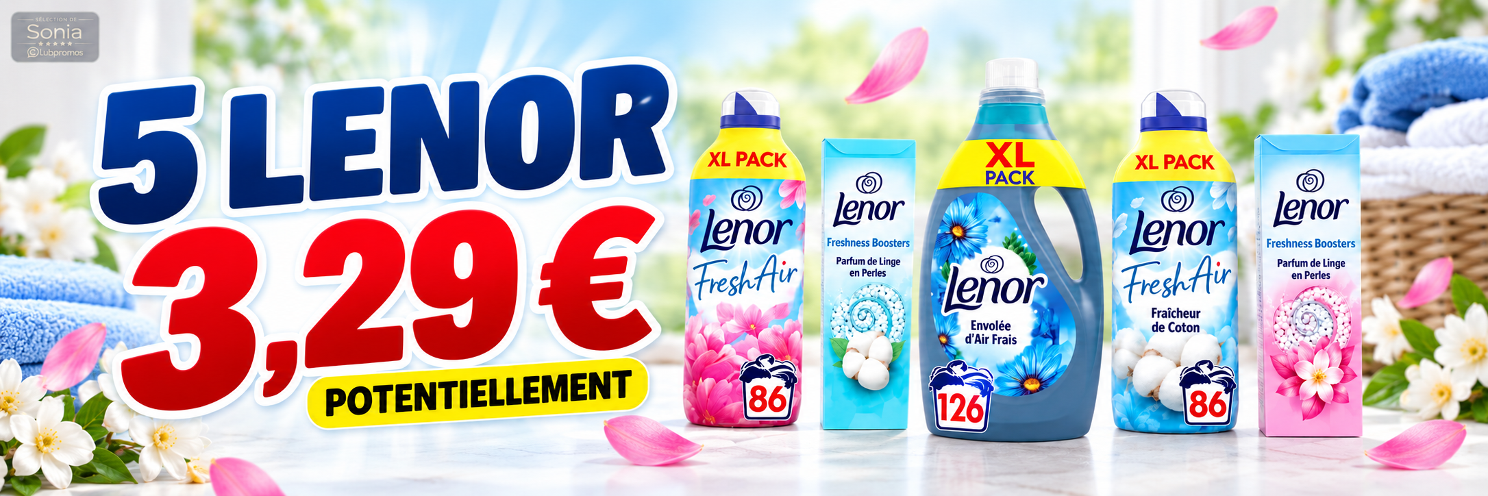 Bannière optimisation Lenor E.Leclerc avec 5 produits potentiellement à 3,29 € du 8 au 19 septembre 2026