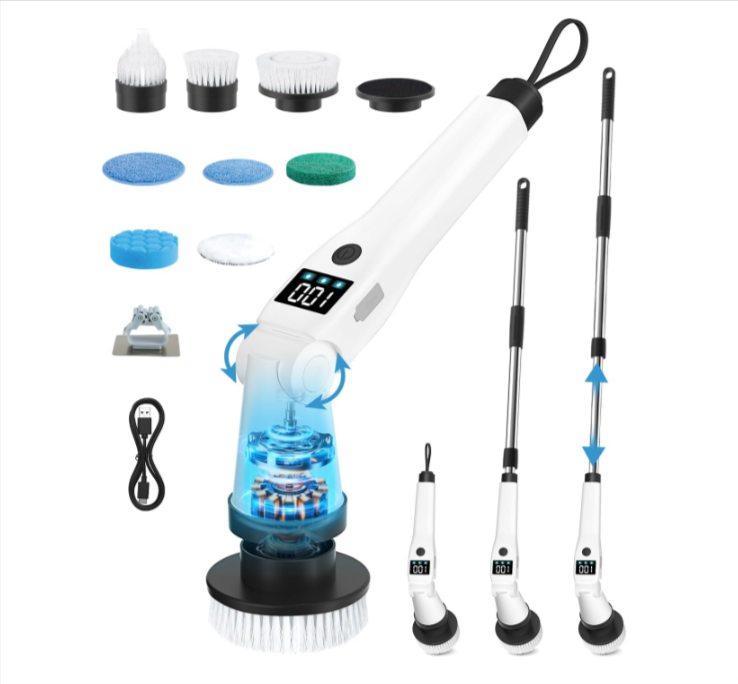 Brosse de nettoyage électrique Lepwings – 3 vitesses rotatives, 8 têtes interchangeables, manche télescopique 35-135 cm, rechargeable USB-C, autonomie 120 min, étanche IP65 pour salle de bain, cuisine et voiture.