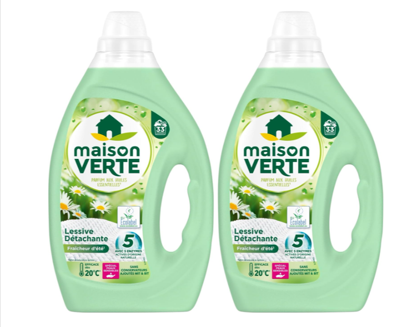 Pack de 2 lessives liquides Maison Verte Fraîcheur d’Été total 2,97 L (2970 ml, 2 x 1,485 L) pour 66 lavages à 8,28€ sur Amazon, formule peaux sensibles efficace dès 20°C avec enzymes.