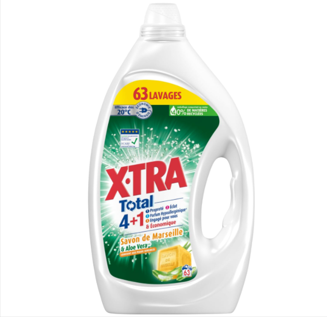  Lessive X•Tra Total Aloe Vera et Savon de Marseille, 63 lavages, respect des peaux sensibles.