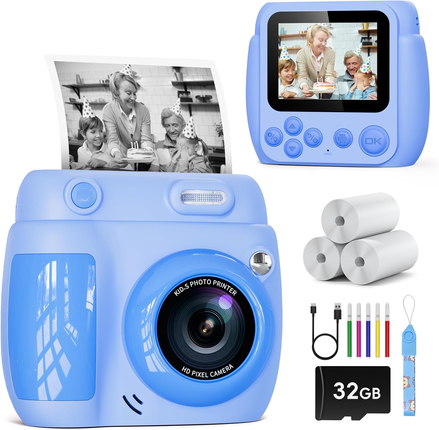  Appareil photo instantané enfants LETSHAHA 20MP 1080P avec écran 2,4, impression thermique B&W (3 rouleaux), carte 32 Go, filtres et jeux, densité réglable.