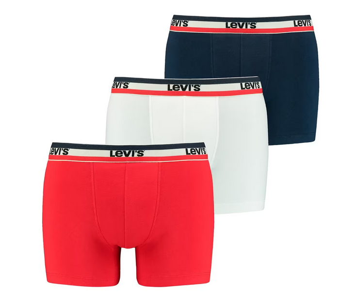 Lot de 3 boxers Levi’s pour homme, coloris blanc, bleu et rouge, en coton biologique avec ceinture élastique, entrejambe anti-enroulement et soufflet d’ajustement pour un confort optimal au quotidien.