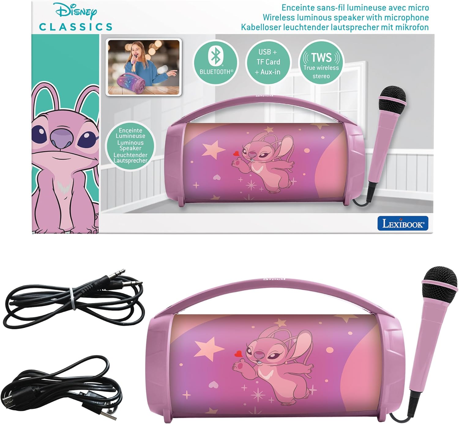 Enceinte karaoké Lexibook Disney Stitch Angel rose avec micro, lumières LED, Bluetooth 5.0, ports USB et carte SD, batterie rechargeable 1200 mAh en promo à 34€ via coupon sur Amazon, idéale comme cadeau enfant.