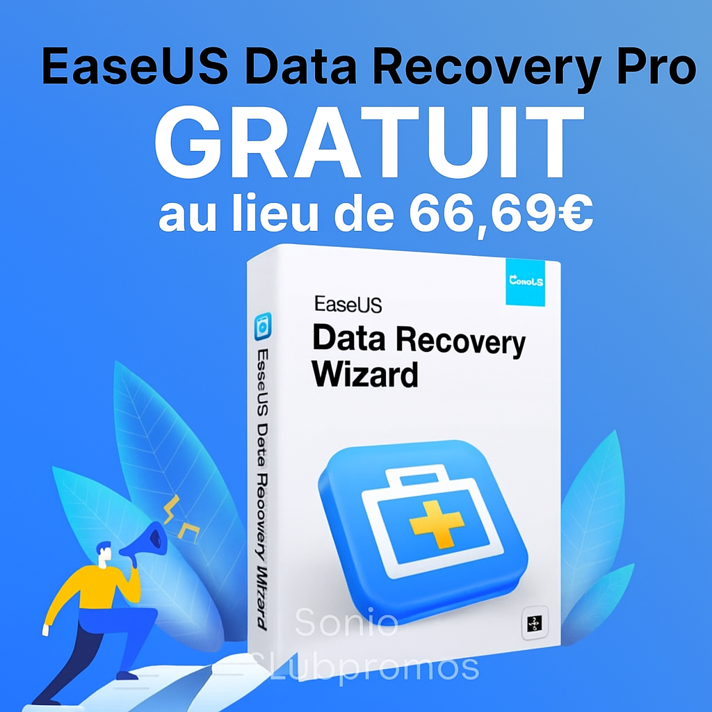Offre gratuite pour le logiciel EaseUS Data Recovery Pro sur Windows – 1 an offert au lieu de 66,69€ – outil professionnel de récupération de données supprimées, corrompues, formatées – fichiers, photos, vidéos, partitions – compatible Windows 11, SSD, clé USB, carte SD