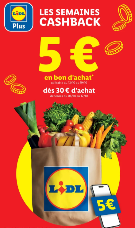 Bon plan Lidl+ octobre 2025 : 5 € offerts en bon d’achat dès 30 € en magasin, promotion fidélité Lidl valable du 9 au 15 octobre dans tous les magasins Lidl France