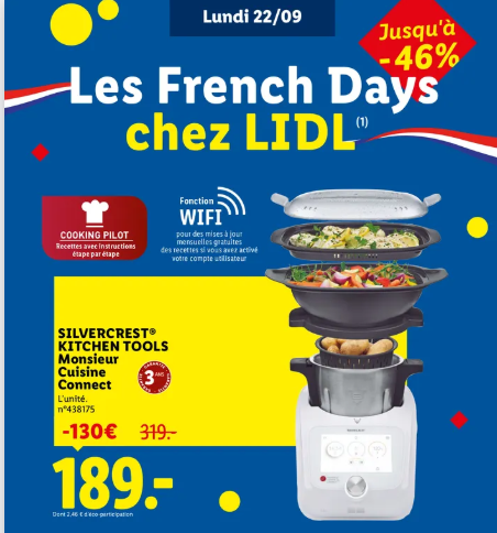 Extrait du catalogue Lidl French Days 2025 présentant le robot de cuisine Silvercrest Monsieur Cuisine Connect en promotion spéciale à 189€ au lieu de 319€, offre disponible à partir du 22 septembre.