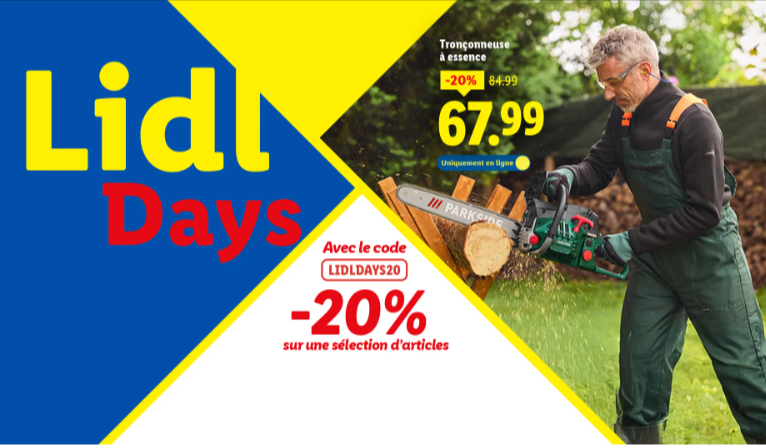  Bon plan Lidl Plus – Code promo LIDLDAYS20 offrant 20% de réduction sur une sélection d’articles Parkside, SilverCrest, Crivit et Lidl Maison. Promotion Lidl Days 2025 sur Lidl.fr.