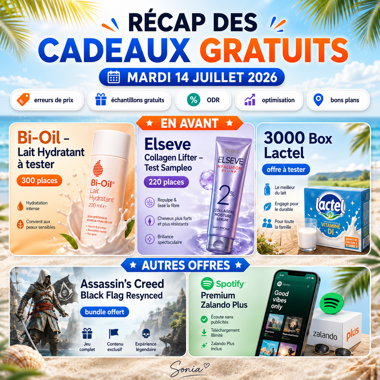 Liste des cadeaux gratuits du mardi 14 juillet 2026 avec le lait hydratant Bi-Oil à tester, Elseve Collagen Lifter, 3 000 box Lactel, un bundle Assassin’s Creed Black Flag Resynced offert et Spotify Premium avec Zalando Plus.