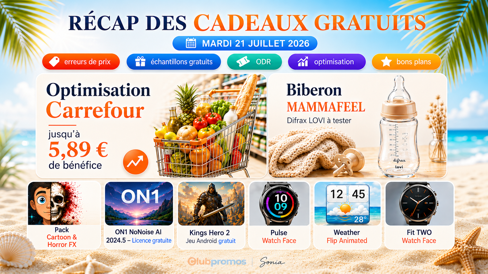 Liste des cadeaux gratuits du mardi 21 juillet 2026 avec une optimisation courses jusqu’à 5,89 € de bénéfice, un biberon MAMMAFEEL Difrax LOVI à tester, ON1 NoNoise AI gratuit, Kings Hero 2 et plusieurs cadrans de montre offerts.
