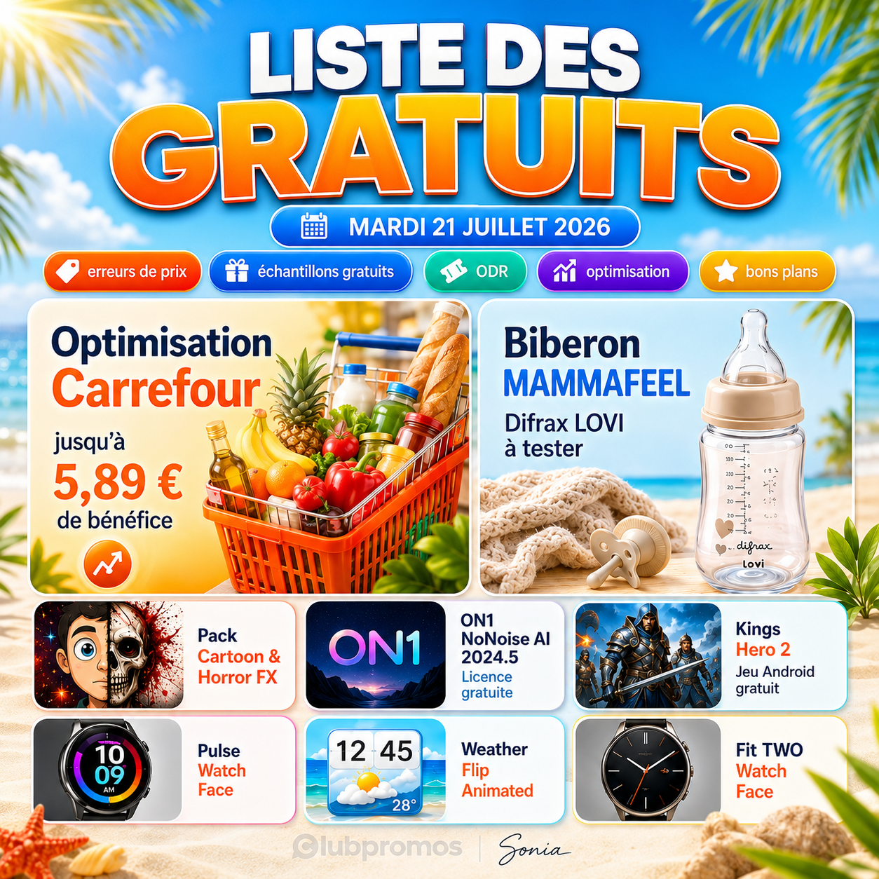 Liste des cadeaux gratuits du mardi 21 juillet 2026 avec une optimisation courses jusqu’à 5,89 € de bénéfice, un biberon MAMMAFEEL Difrax LOVI à tester, ON1 NoNoise AI gratuit, Kings Hero 2 et plusieurs cadrans de montre offerts.