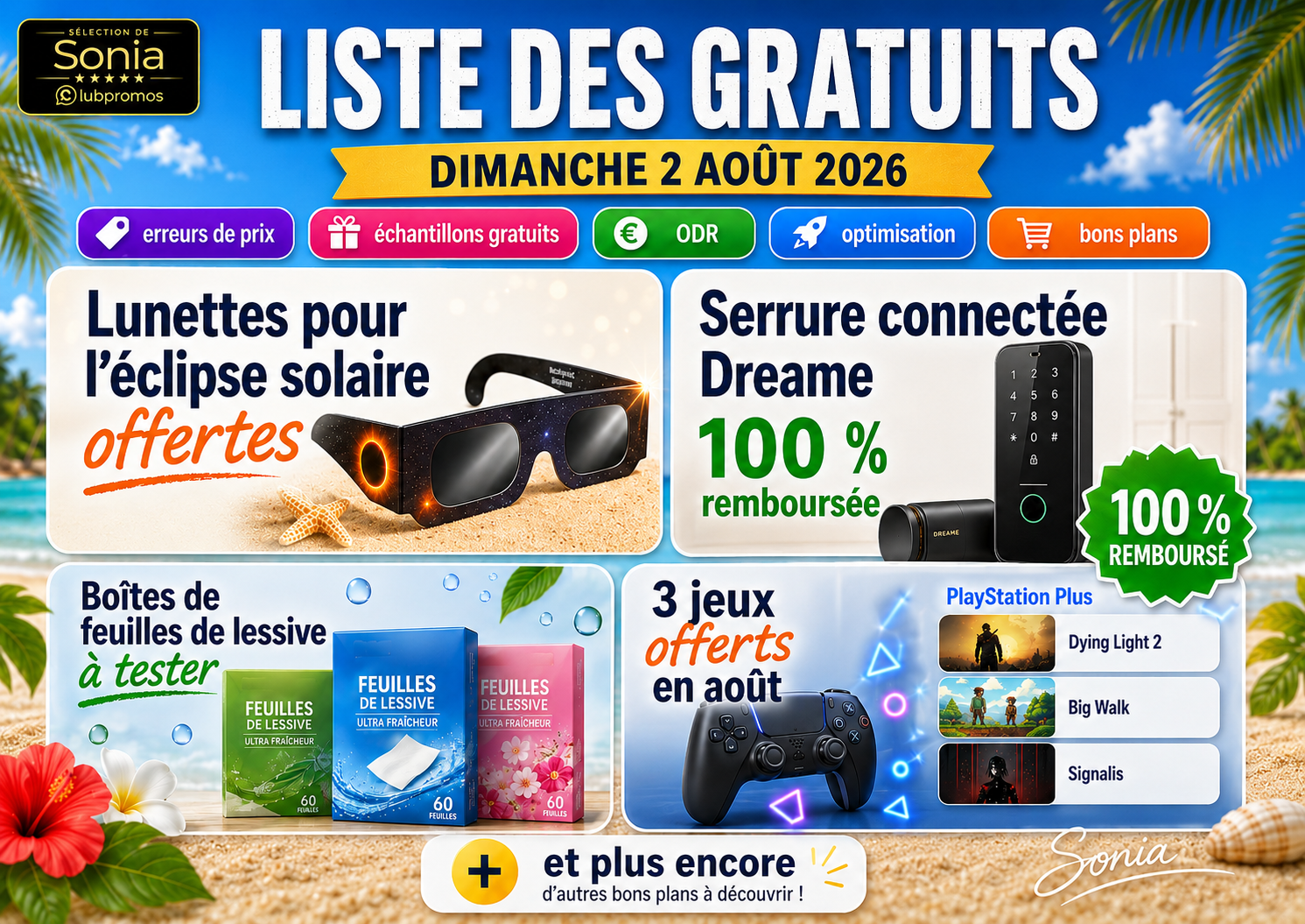 Bannière de la liste des gratuits du 2 août 2026 présentant des lunettes gratuites pour l’éclipse solaire, une serrure Dreame 100 % remboursée, un test de feuilles de lessive et trois jeux PlayStation Plus offerts.