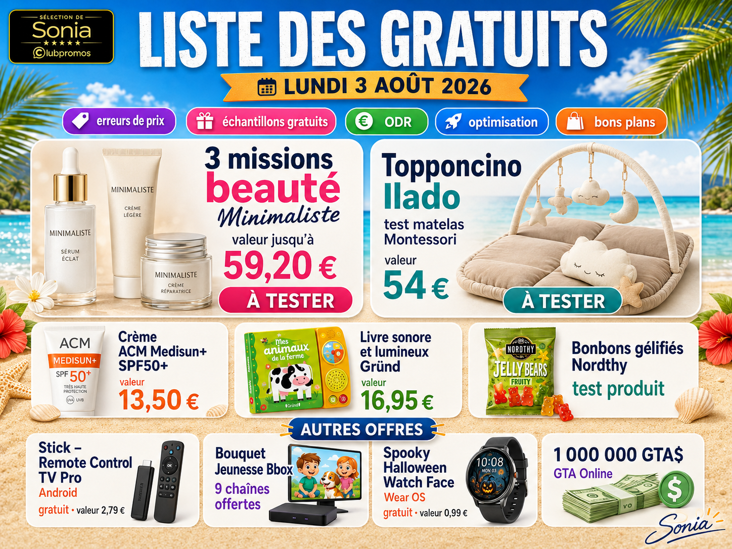Bannière de la liste des gratuits du 3 août 2026 présentant les tests Minimaliste, ACM Medisun+ SPF50+, Topponcino Ilado, Gründ, Nordthy et plusieurs offres gratuites du jour.