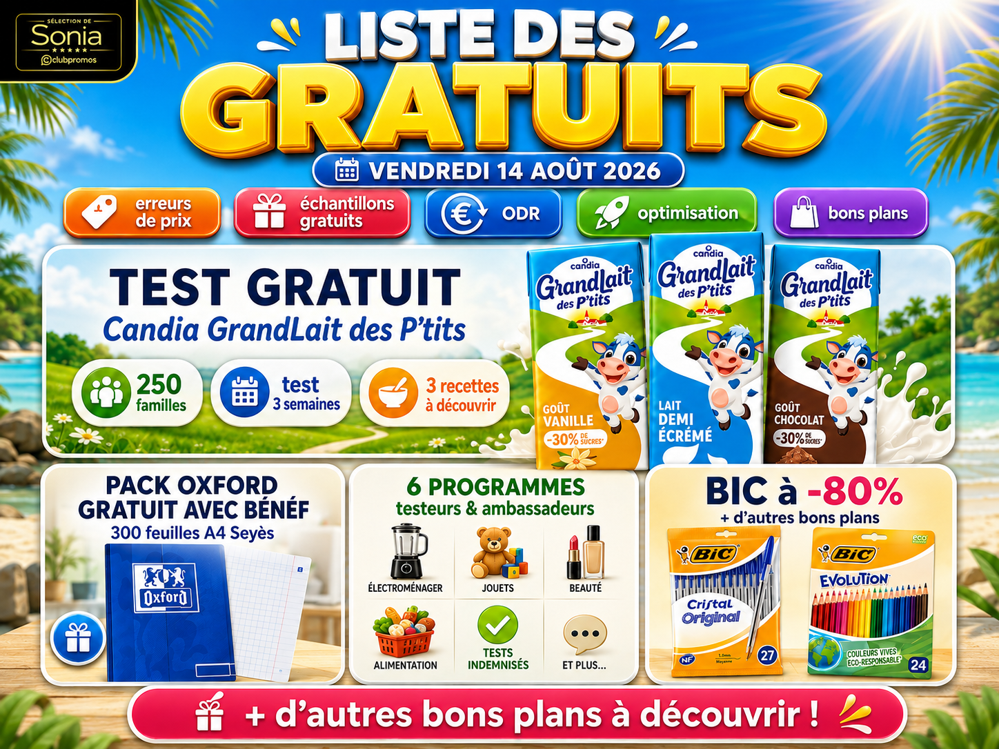 Bannière de la liste des gratuits du 14 août 2026 mettant en avant le test Candia GrandLait des P’tits, le pack Oxford gratuit, 6 programmes testeurs et les offres BIC à -80 %.