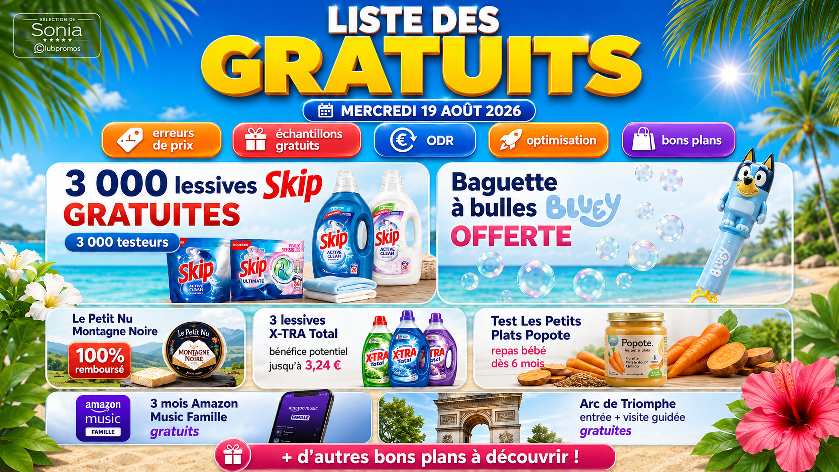 Bannière ClubPromos des gratuits du 19 août 2026 avec Skip gratuit à tester, baguette Bluey offerte, Montagne Noire 100 % remboursé, X-TRA Total et test Popote.