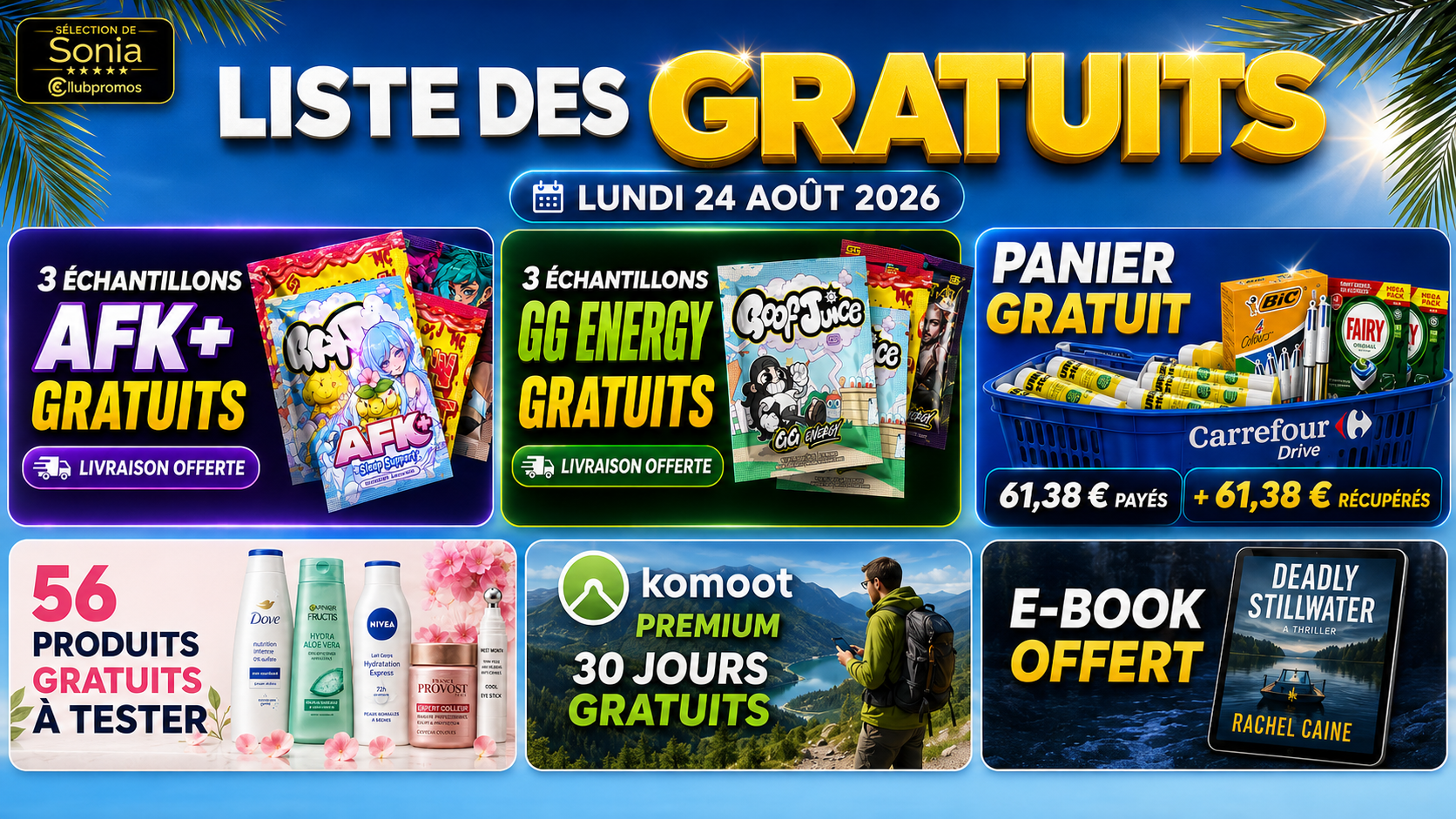 Bannière de la liste des gratuits du 24 août 2026 avec échantillons AFK+ et GG Energy gratuits, panier Carrefour Drive avec cagnotte récupérée, 56 produits à tester, Komoot Premium et e-book offert.