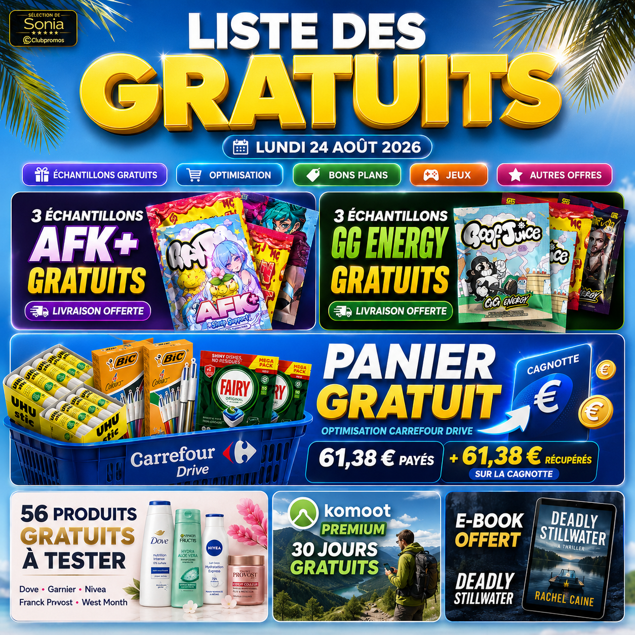 Visuel carré ClubPromos optimisé pour les réseaux sociaux mettant en avant les échantillons AFK+ et GG Energy GamerSupps ainsi que l’optimisation Carrefour Drive, accompagnés de 56 produits beauté à tester et d’autres offres gratuites.