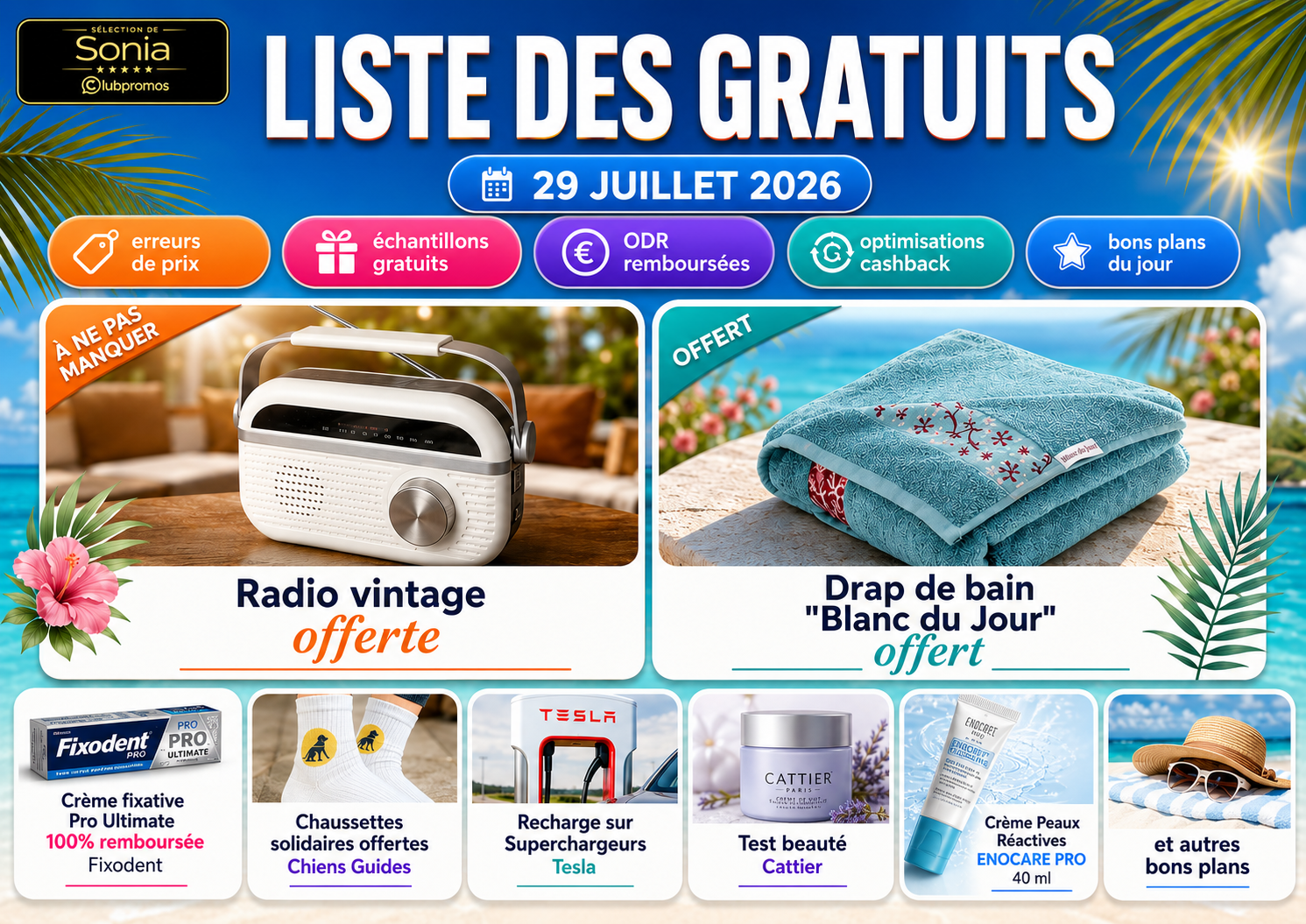 Bannière de la liste des gratuits du 29 juillet 2026 présentant la radio vintage offerte, le drap de bain offert, Fixodent 100 % remboursé, les tests beauté et les autres bons plans du jour.
