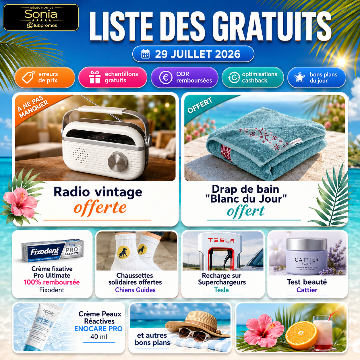 Liste des gratuits du mercredi 29 juillet 2026 mettant en avant une radio vintage offerte, un drap de bain Blanc du Jour offert, Fixodent 100 % remboursé, les tests beauté Cattier et ENOCARE PRO ainsi que d'autres bons plans gratuits.