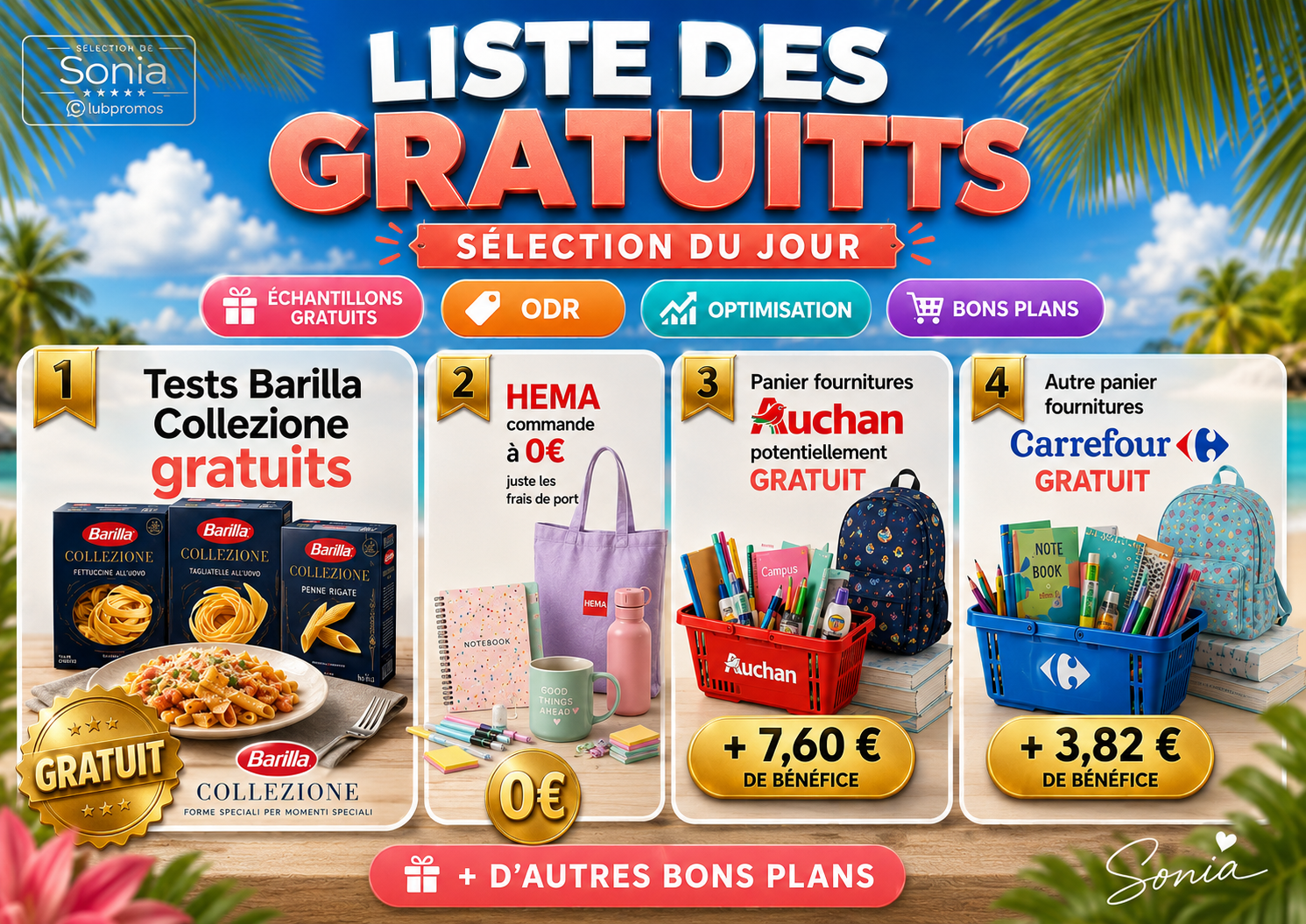 Bannière Facebook des gratuits du jour avec les pâtes Barilla Collezione gratuites, HEMA à 0 €, les fournitures scolaires gratuites ou bénéficiaires et les autres bons plans sélectionnés.