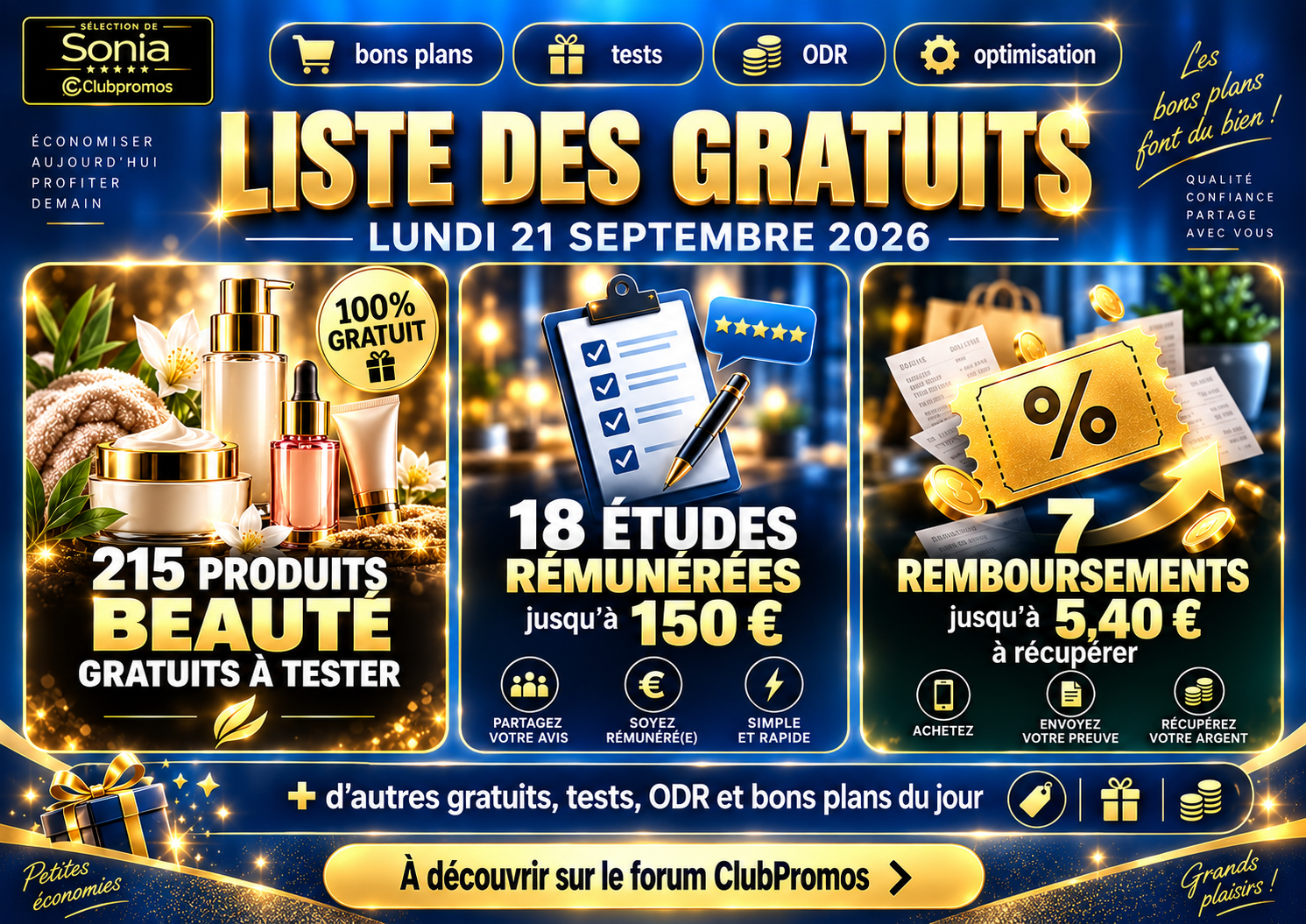 Bons plans gratuits du lundi 21 septembre 2026 : tests beauté, études rémunérées, remboursements et ODR