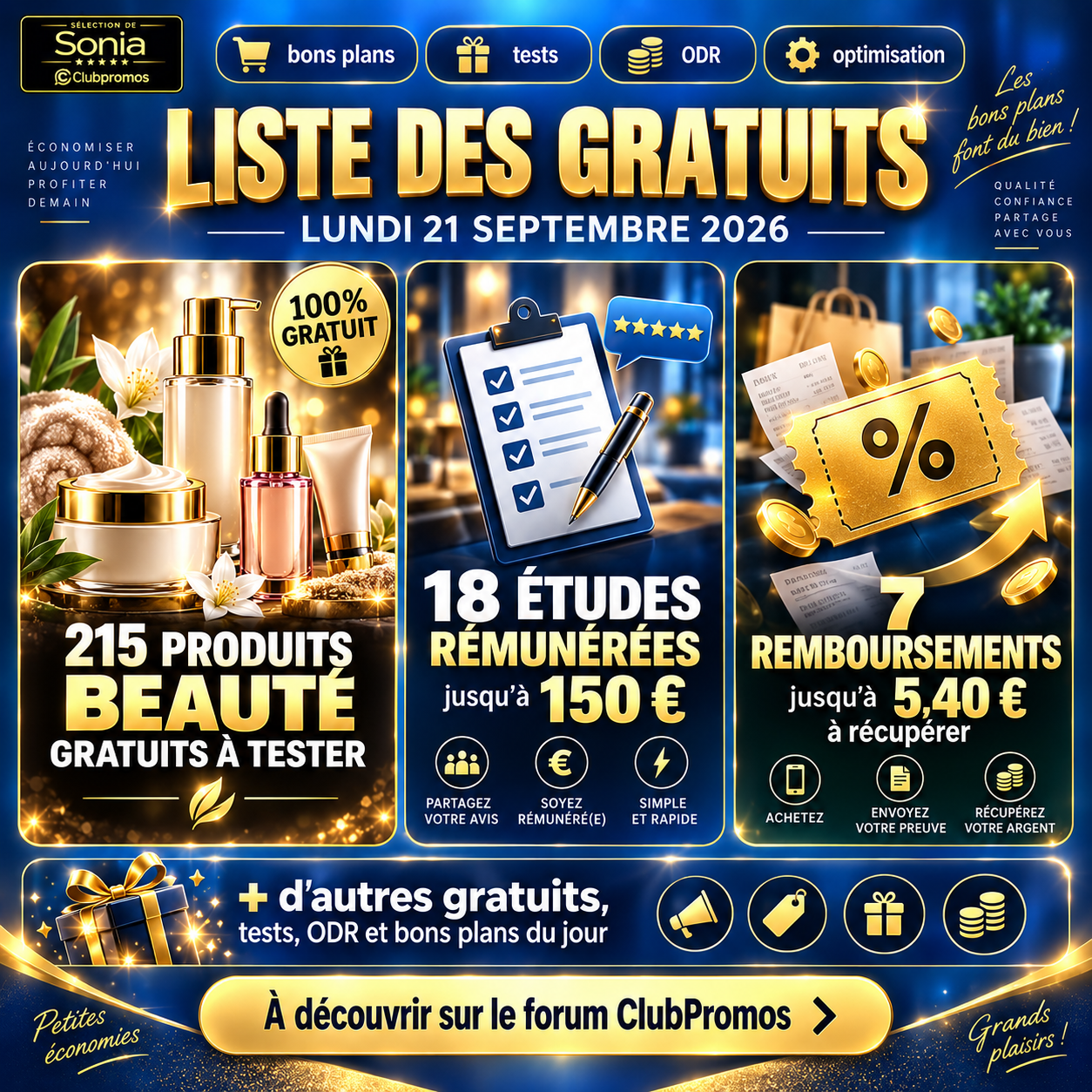 Liste des gratuits du 21 septembre 2026 avec 215 produits beauté à tester, 18 études rémunérées et 7 remboursements