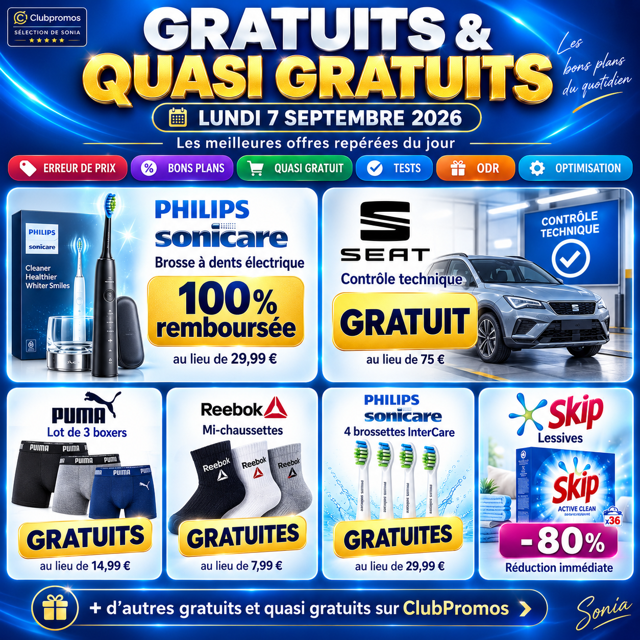 Liste des gratuits et bons plans du lundi 7 septembre 2026 avec Philips Sonicare, PUMA, Reebok, contrôle technique gratuit et Skip à -80 %