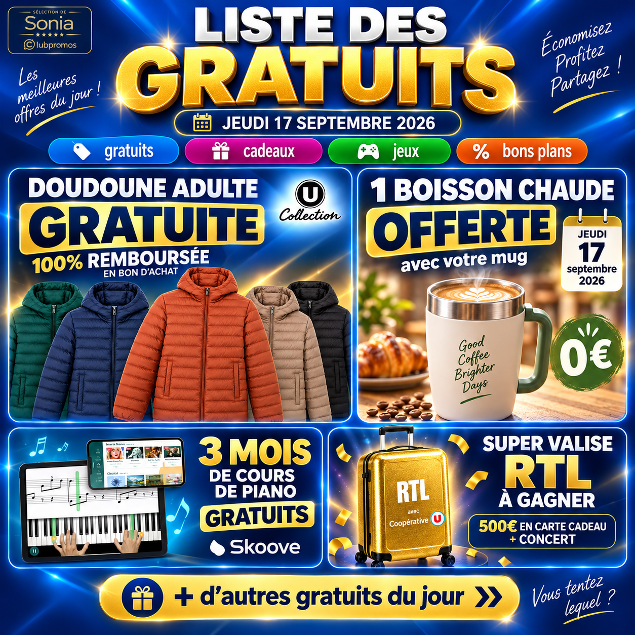 Visuel ClubPromos présentant la liste des gratuits du jeudi 17 septembre 2026 avec échantillons, cadeaux, offres 100 % remboursées et bons plans du jour