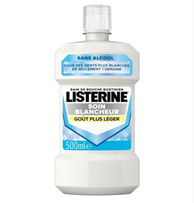 Bain de bouche Listerine Soin Blancheur goût menthe douce, 500 ml, sans alcool, blancheur visible dès 7 jours, vendu sur Amazon – bon plan hygiène bucco-dentaire