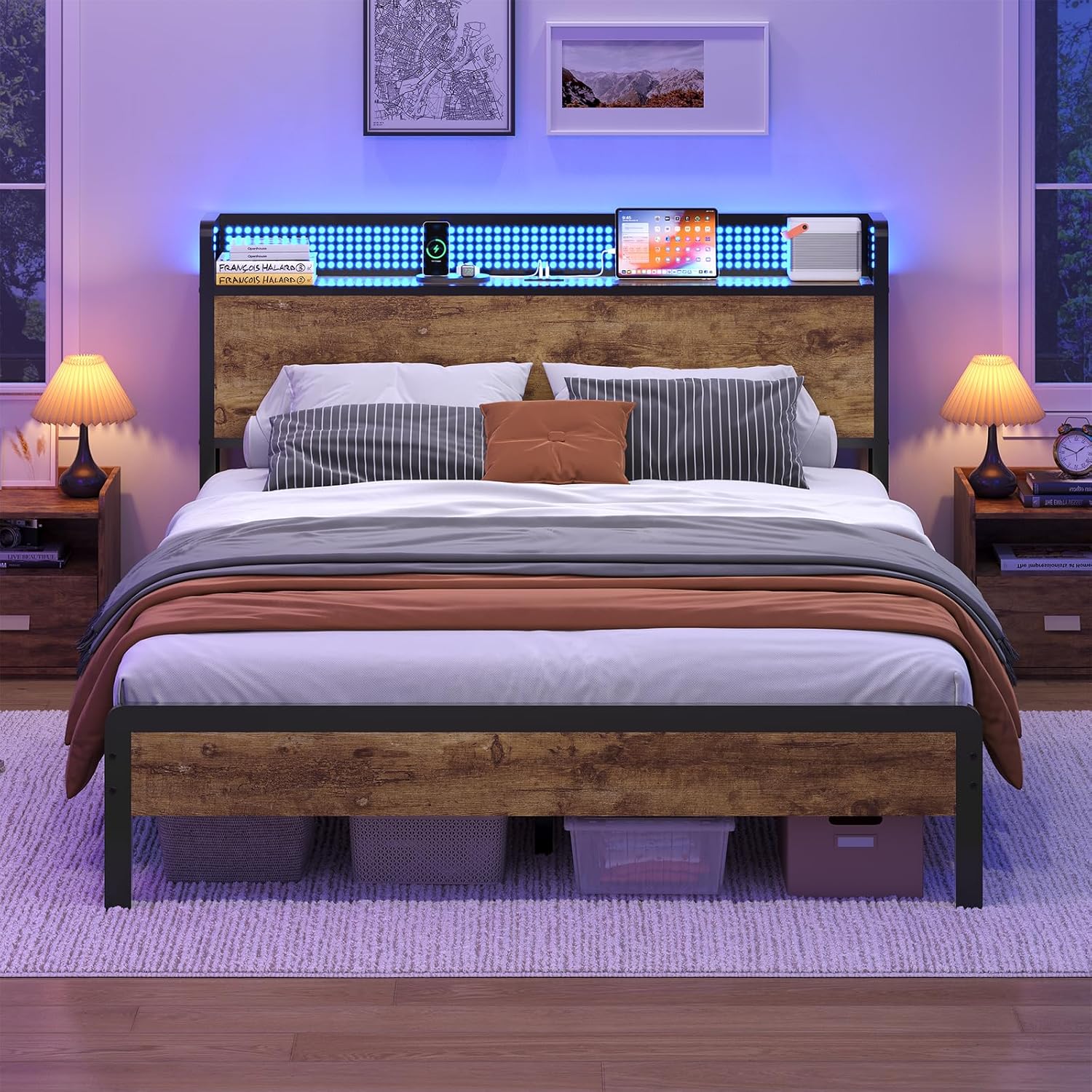 Lit 140x190 avec sommier, rangement, LED réglable et multiprise intégrée sur Amazon.jpg